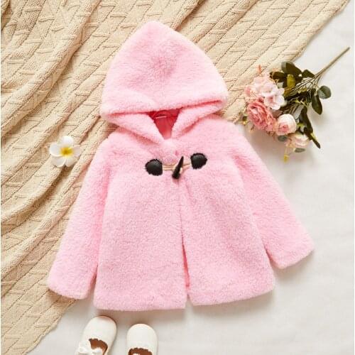 PatPat Toddler Girl Button Design Hooded Pink Fuzzy Jacket Coat