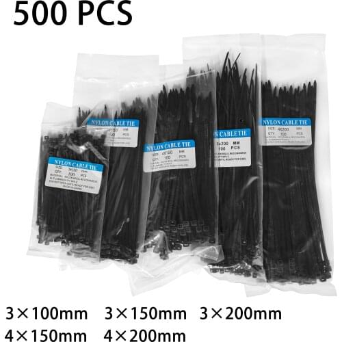 500Pcs Self-Locking Nylon Cable Tie Black And White Plastic Zip Loop Wire Wrap 3×100 3×150 3×200 4×150 4×200mm