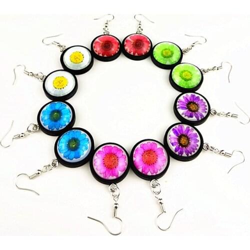 24pairs/lot Daisy, dried flower, Chrysanthemum Colorful flowers Earrings 20mm Glass Cabochon Drop Earrings for women party gift