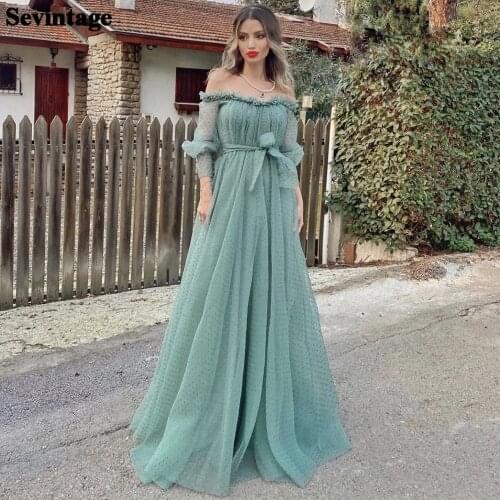 Sevintage A Line Long Sleeves Prom Dresses Dotted Tulle Off the Shoulder Plus Size Evening Party Gowns Formal Women Dress 2021