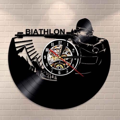 Sports Target Shooting Vinyl Record Wall Clock Skiing Rifle Biathletes Clock Winter Biathlon Wall Art Home Decor Wall Clock