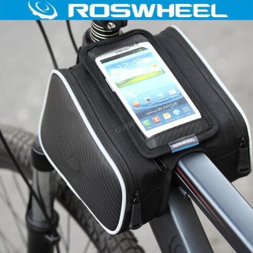 Roswheel 1.8L Cycling Bike Front Frame Bag Tube Pannier Double Pouch for 5in 5.5in Cellphone Bike Bag Touchscreen Mountain Road