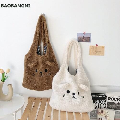 New Winter Soft Plush Tote Bag Women Cartoon Embroidery Imitation Lamb Hair Shoulder Bag For Women Shopper Bag Bolsa