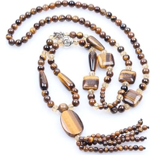 FYJS Unique Silver Plated Geometric Shape Natural Tiger Eye Stone Pendant Long Beads Chain Necklace Fashion Jewelry