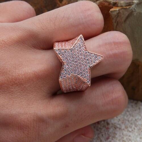 Hip Hop AAA Zircon Paved Ice Out Bling Star Rings Rose Gold Pentagram Ring Men Women Jewelry Gift Party Pave Setting Anillo