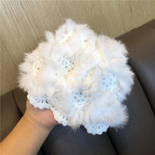 Women Winter Warm Rabbit Fur Beanie Hat Knitted Woolen Hat Handmade Crochet Cute Hollow Flower Pullover Hat