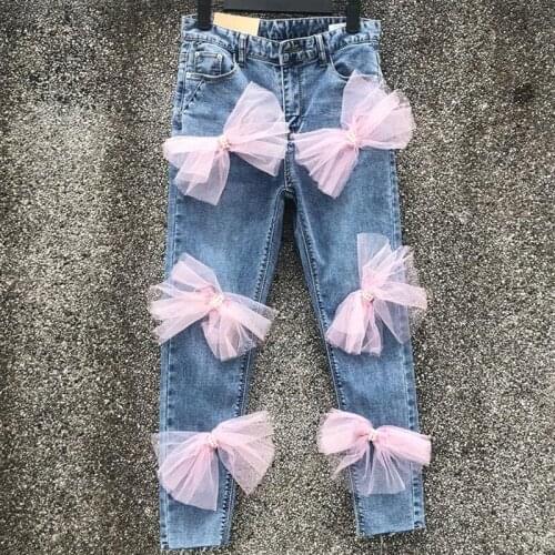 Fashion tassel mesh gauze bow jeans elastic feet female pants women