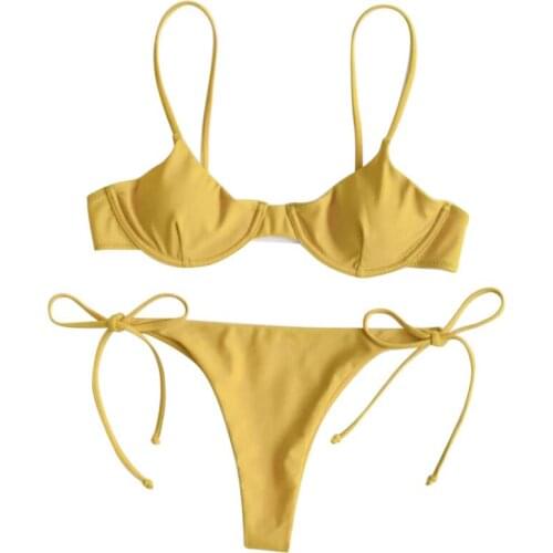 Women Split Swimsuit Set Solid Color/Printed V-neck Bikini + Lace Up Panties for Summer