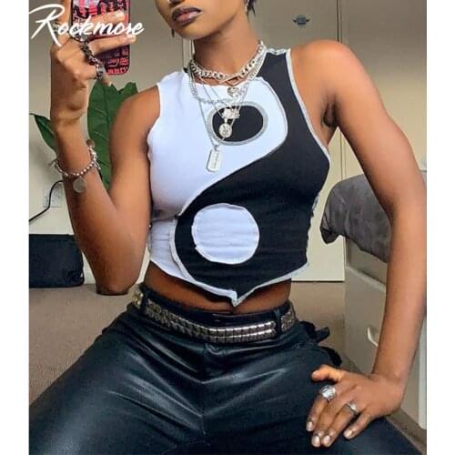 Rockmore Gothic Patchwork Crop Top Women 90S Aesthetic Sexy Sleeveless Y2K Irregular Tank Top Summer Clothes Party Mini Vest
