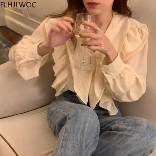 2021 Spring Korea Chic Tops Blusas Women Casual Loose Solid Color Retro Vintage Single Breasted Cotton Blends Ruffled Blouses