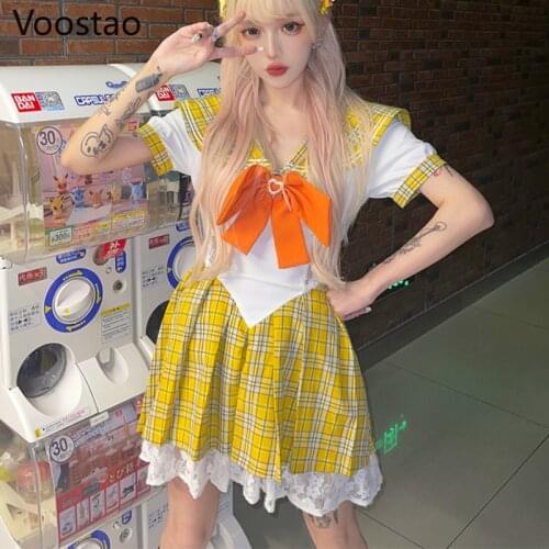 Summer Sweet Lolita Style Mini Dress Women Cute Sailor Collar Bow Plaid Party Dress Girls Harajuku Lace Patchwork Y2K Punk Dress