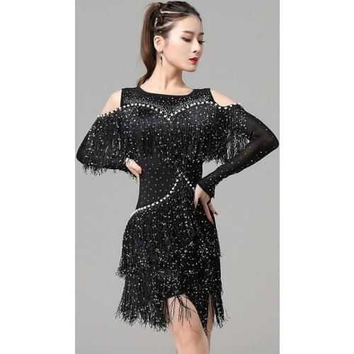 2021 7015 Long Sleeve Tassel Shoulder Hole Female Latin Dance Dress Women Dancing Performance Dress Ballroom Belly Dance Suit
