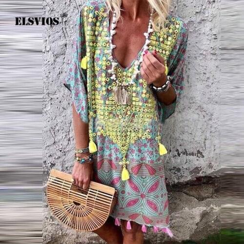 Bohemian Sexy V-Neck Half-Sleeve A-Line Vestidos Summer Female Fashion Fringe Beach Holiday Dress Womens Print Loose Streetwear