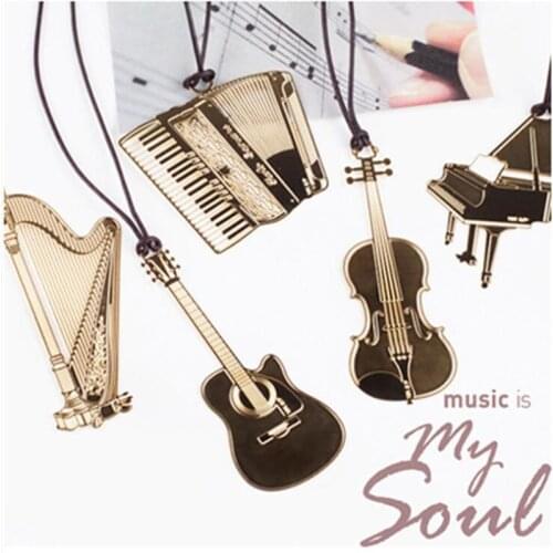1pc/Set, Beautiful Instrument With Lanyard Notebook Metal Bookmark Creative Fixed Piano Guitar Organ Harp Violin Trumpet