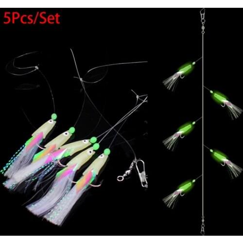5Pcs/Set Luminous Fishing Hook High Carbon Steel Mackerel Feathers Bass Cod Lure Luminous Fishing Hook Treble Bait Wire 9g
