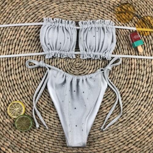 Sexy Squin Bikini Women Off Shoulder Strapless Push Up Padded Thong Swimsuit Brazilian Bathing Suit Lace Up Bandage Swimwear