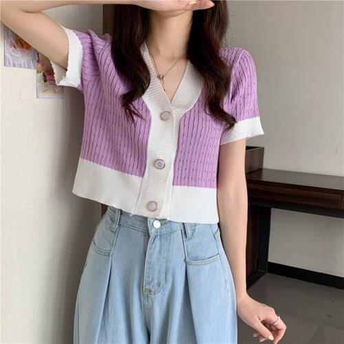 Women Patched V-Neck Knitted Short Sleeve Thin Sweaters Cardigans Lady Vintage Single-breasted Sweater Crop Tops Female
