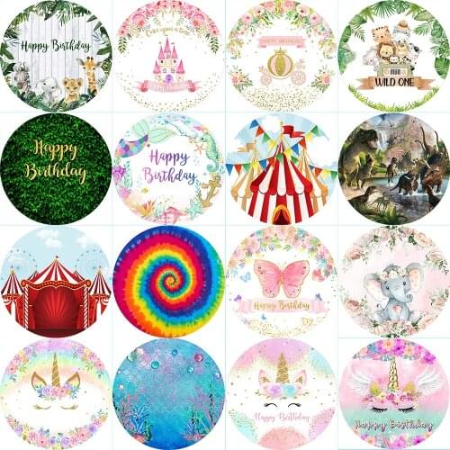 Happy Birthday Backdrop Round Circle Elastic Photo Background Unicorn Mermaid Safari Jungle Dinosaur Theme Birthday Party Decor