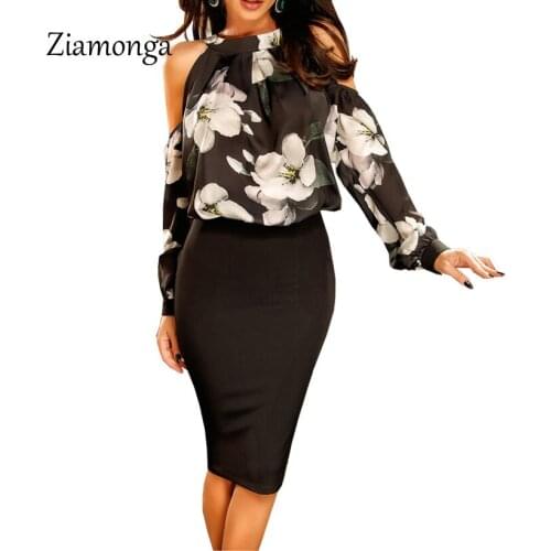 Ziamonga Elegant Off Shoulder Floral Printed Chiffon Dress Women Vintage Office Bandage Dress Autumn Sexy Evening Party Dresses