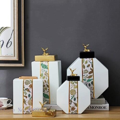 Chinese Style Retro Ceramic Craft Jar with Cover Square Sealed Storage Tissue Golden Deer General Jar Painted Home Decoration