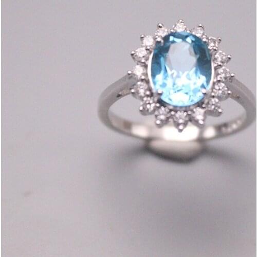 Fine Jewelry S925 Sterling Silver Ring Women Luck Blue Oval Flower Band Ring 13.5mmW US7