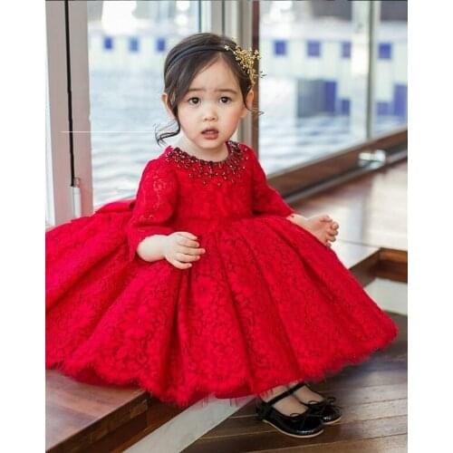 Red Tulle Baby Girl Dress Long Sleeve Baptism Dress for Girls 1st year birthday party wedding Gown Christening infant clothing