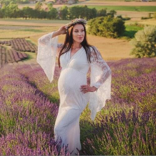 Maternity Flared Sleeves Lace Dress Pregnancy Photography Props Clothes Photo Shoot Tailing Maxi Gown For Pregnant Women Summer