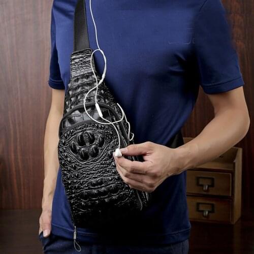 Mens chest bag genuine leather small Messenger bag male shoulder bag USB hole fashion crocodile pattern cow leather chest pack