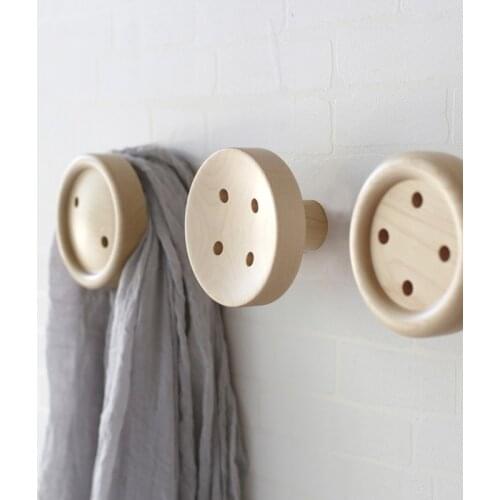 Button wall hooks for clothes wall key storage hooks beige solid wood home decor clothes hangers rails