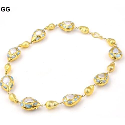 GuaiGuai Jewelry Natural Cultured White Freshwater Pearl Teardrop Shape Blue larimar Gold brushed teardrop Bead Wrap Necklace