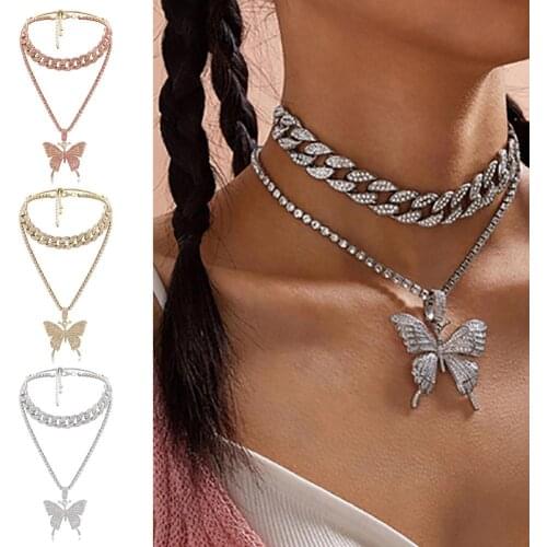 4 Colors Fashion Punk Hip Hop Style Rhinestone Butterfly Pendant Chain Necklace Jewelry For Women Party Aesthetic Girl Jewelry