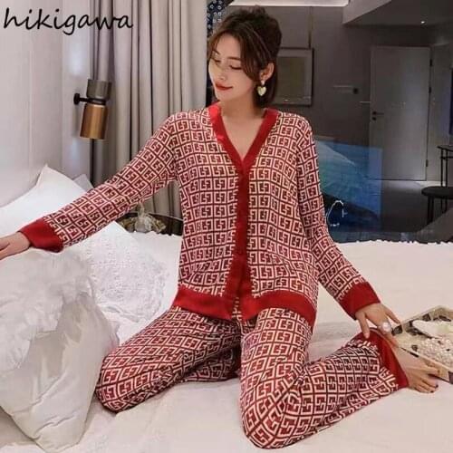 Hikigawa Pajamas Womens Autumn Ice Silk Long-sleeve Cardigan Trousers Sleepwear Suit Letter Print Fashion Sexy Home Service