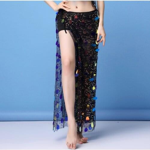 New 2019 Women Dance Wear Black/White Sequins Adjustable Wrap Belly Dance Hip Scarf Over Skirt Long