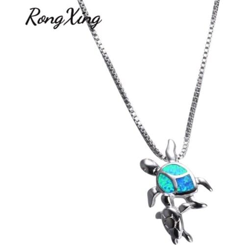 RongXing Cute Blue Fire Opal Double Turtle Design Pendants & Necklaces For Women Silver Color Necklace Gift NL0071