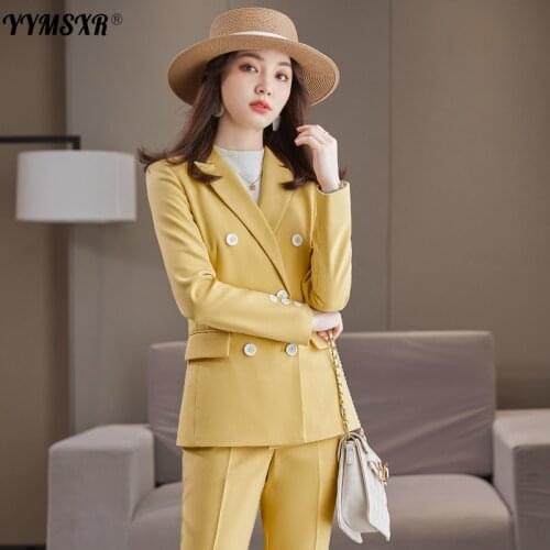 Professional Womens Wear 2021 Autumn and Winter Korean Mid-length Double-breasted Fashion Long-sleeved Suit Pants 2-piece Set