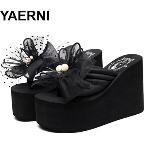 YAERNI Bow Summer Woman Shoes Platform Slippers Wedge Beach Flip Flops High Heel Slippers For Women Brand Super High Ladies Shoe