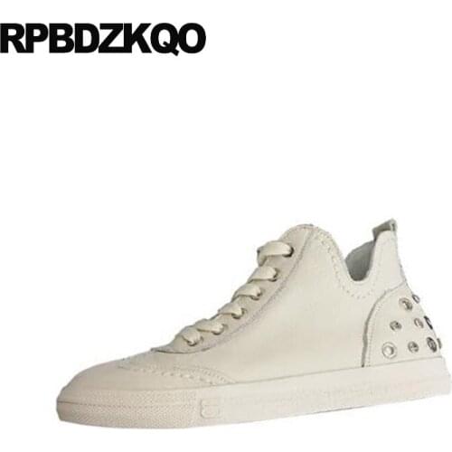 Sneakers ladies rivet genuine leather lace up 2018 round toe trainers flats designer shoes china women walking stud cowhide