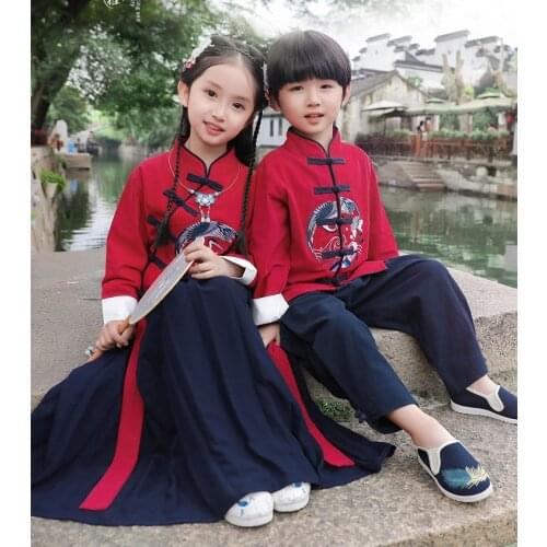 Chinese Hanfu Traditional Crane Embroider Kids Clothes Set Children Tang Suit Girls Party Dress Boys Kung Fu Tops Skirts Pants