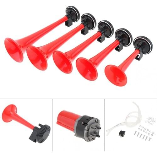 125db 5 Red DIXIE Trumpet 12V Musical Air Horn Compressor Set Dukes of Hazzard General Lee Car Truck Boat Bus Vehicles