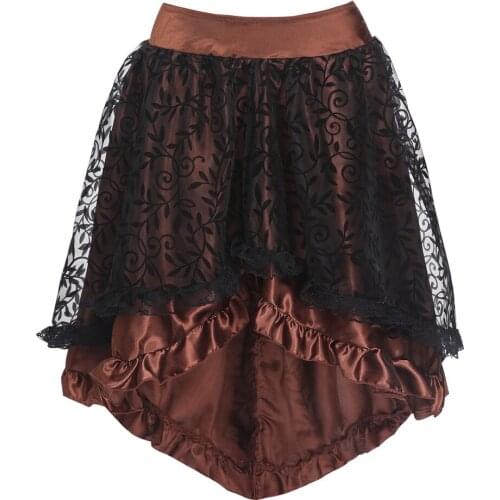 Women Asymmetrical High Low Lace Floral Ruffles Multilayer Skirt Gothic Steampunk Pirate Skirts Halloween Costume Plus Size