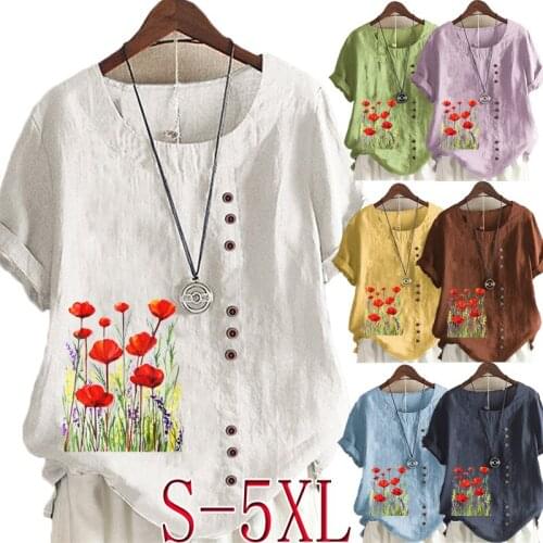 Womens Summer Fashion Short Sleeve Round Neck Shirt Flower Print Ladies Cotton Linen Button Top Loose T-shirt Plus Size Top