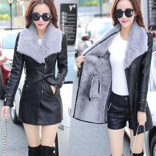 Autumn and winter new womens long paragraph leather thickening plus cotton wool collar PU leather clothing Slim jacket