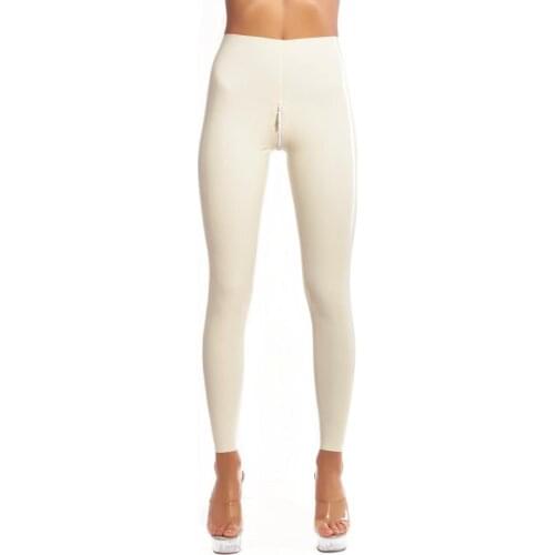 Crotch to ass zipper design white stretch pants womens latex leggings made of 0.4mm thickness natural latex materials