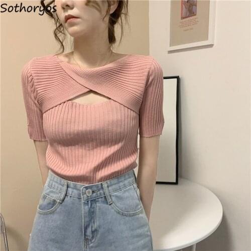 Women Solid Short Sleeve T-shirts Hollow Out Sexy Slender Hot Girls Knitting Teenagers Crop Top Soft Candy Color Female Tees New