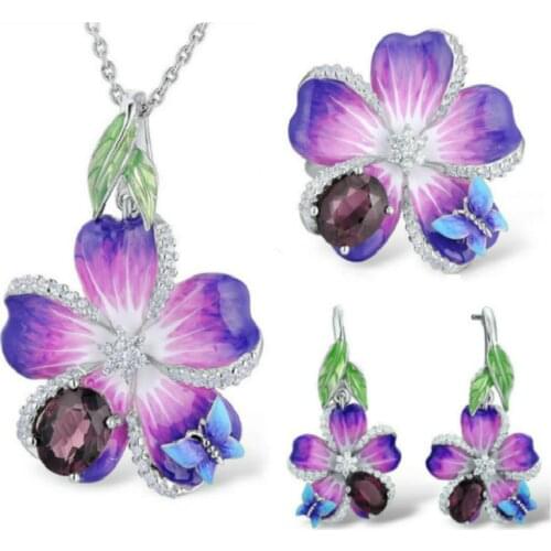 Elegant Butterfly Flower Silver Enamel Jewelry Sets for Women Beautiful Red Stone Wedding Pendant Necklace Ring Earrings Sets