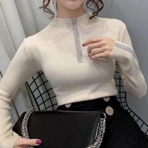 Slim Half High Collar Base Shirt Womens Sweater Autumn Winter Diamonds Pullovers Knitted Tops Long Sleeve Elasticity Pull Femme