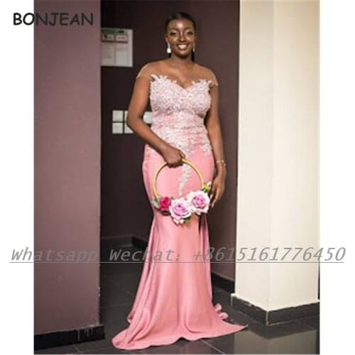 2021 Mermaid African Bridesmaid Dresses Lace Appliques Floor Length Satin Bridesmaid Dress Plus Size for Women Wedding