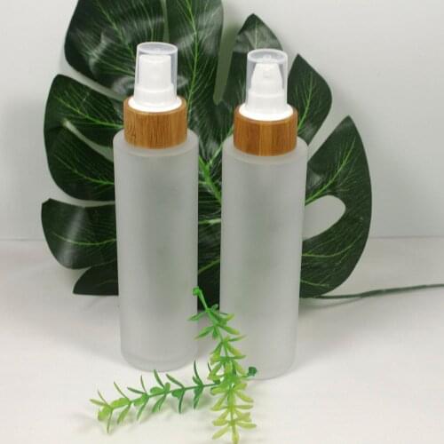 120ml Transparent Frosted Glass Spray Bottle Cosmetic Wood Grain Bamboo Cover Lotion Pump Container Packaging