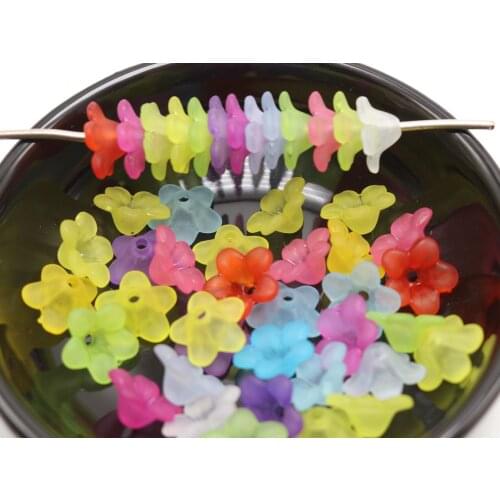 200 Mixed Color Frost Acrylic Trumpet Flower Bead Cap 13mm Cone With Center Hole
