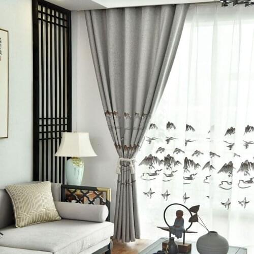 2021 New Chinese Painting Curtains Landscape Embroidered Curtain Fabric Chinese Style Curtains for Living Dining Room Bedroom